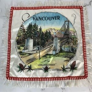 Vintage Souvenir Of Vancouver Lions Gate Bridge Fringe Handkerchief Wall Hanging